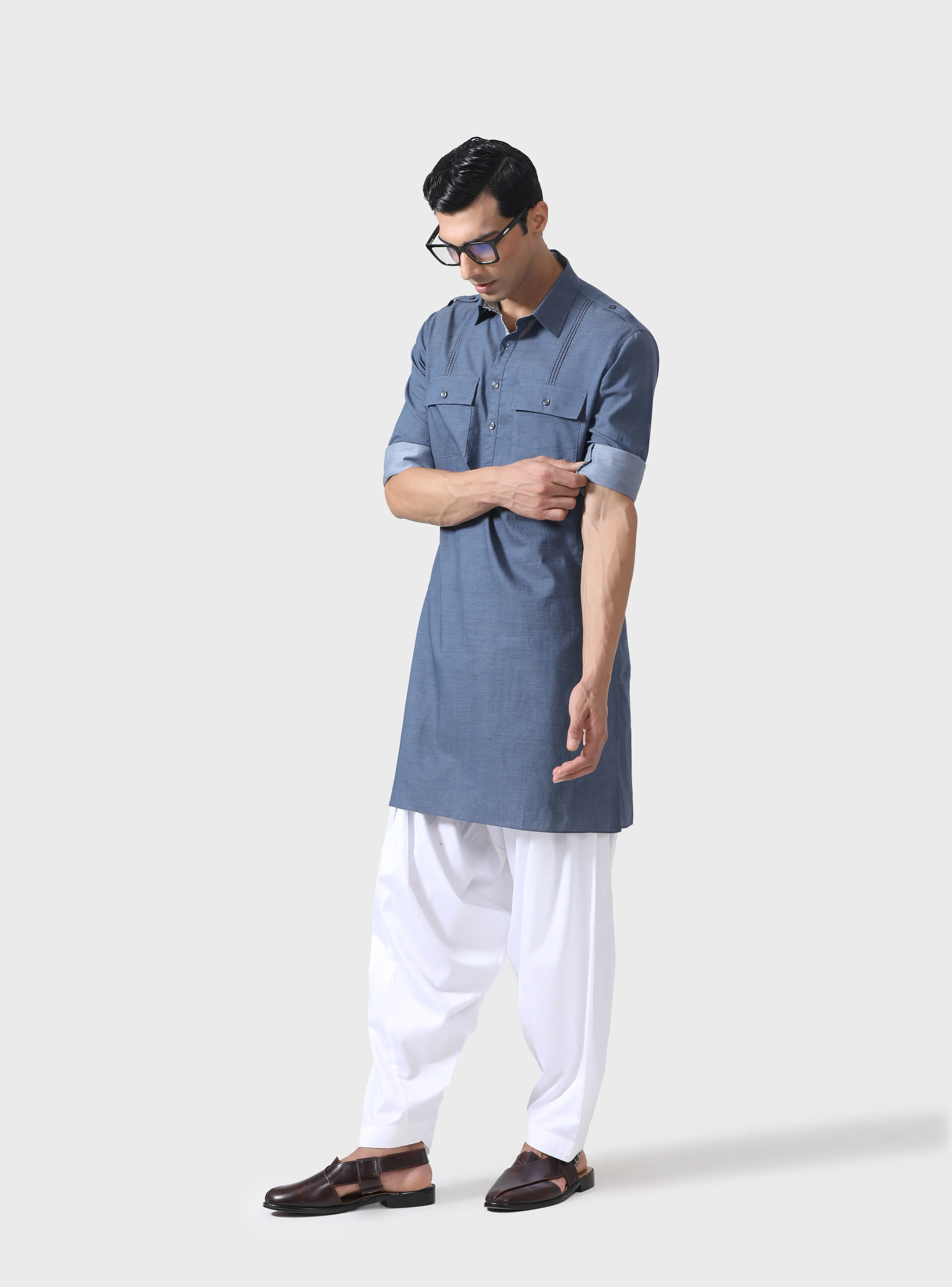 REGAL COMFORT GREY LINEN KURTA WITH PINTUCK DETAIL