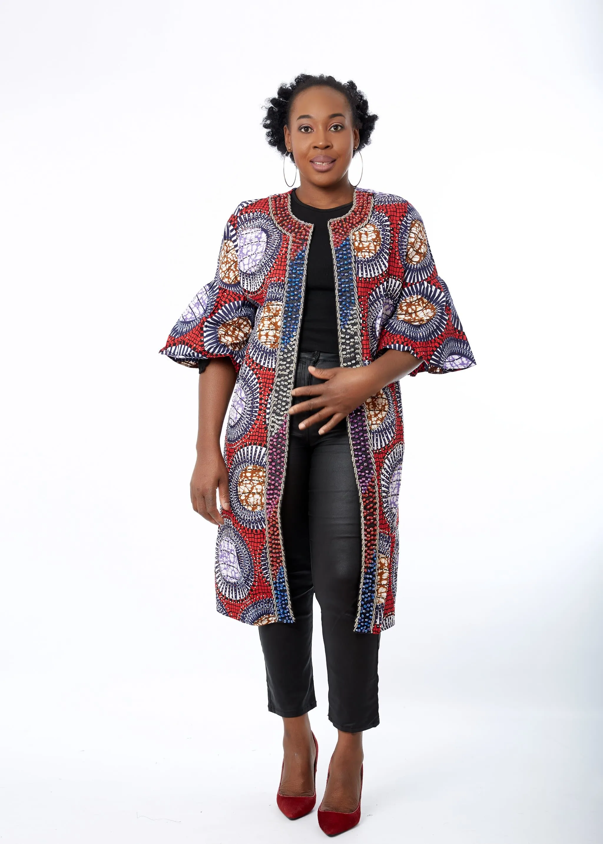 Remmy African Print Embellished Duster Midi Jacket