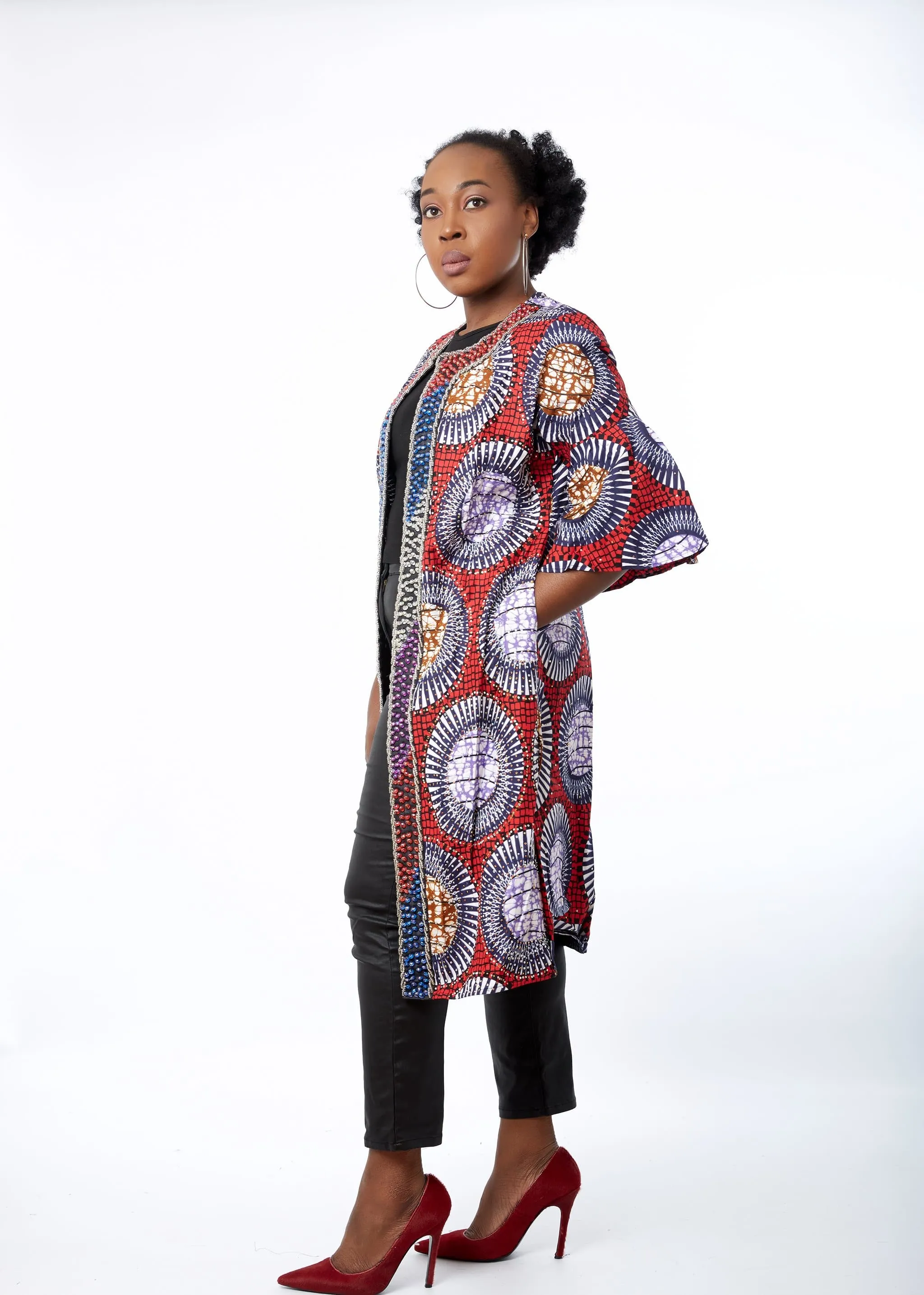 Remmy African Print Embellished Duster Midi Jacket