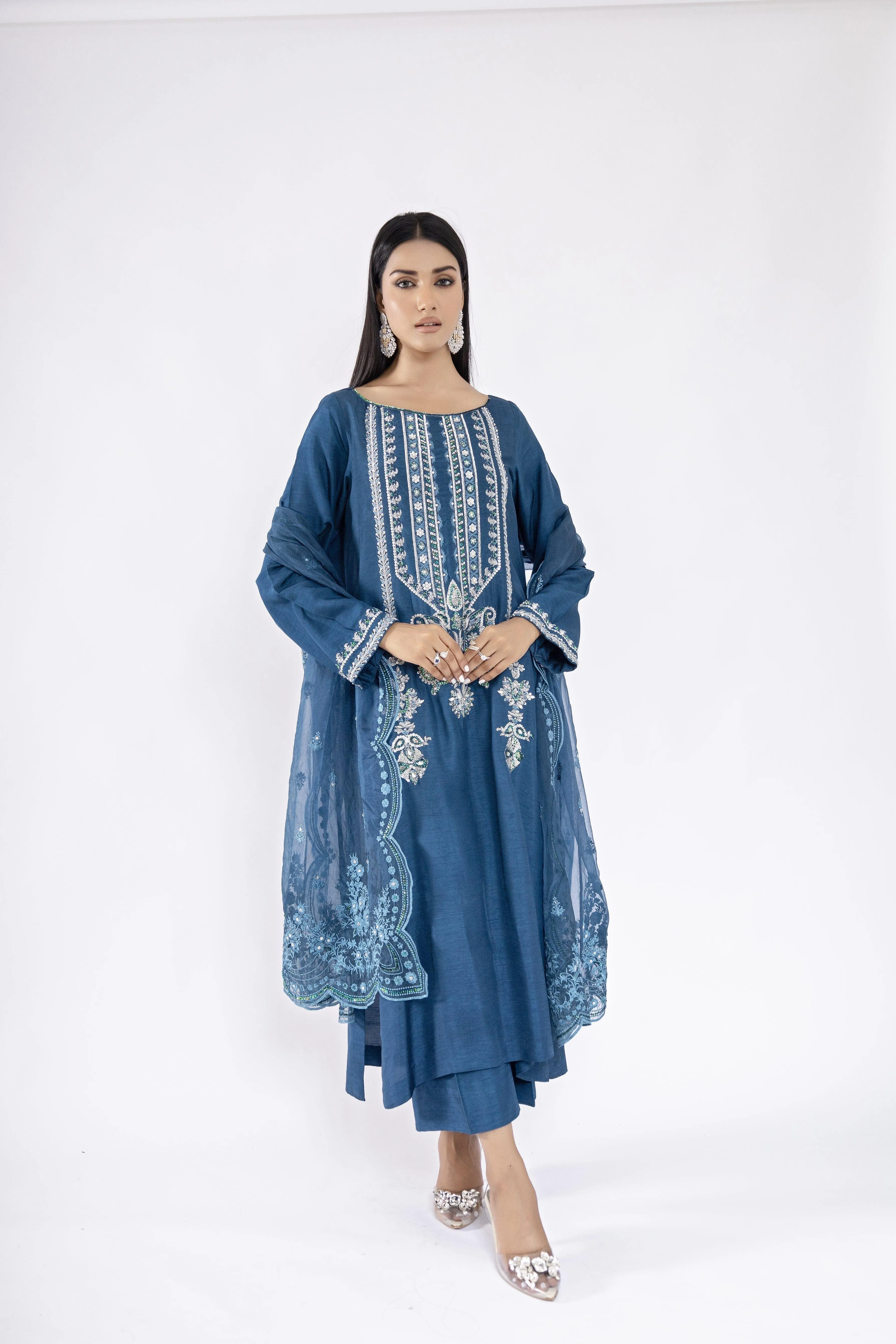 Sadia Aamir - Layana - Blue Silver Korean Raw Silk Shirt and Culottes with Organza Dupatta - 3 Piece