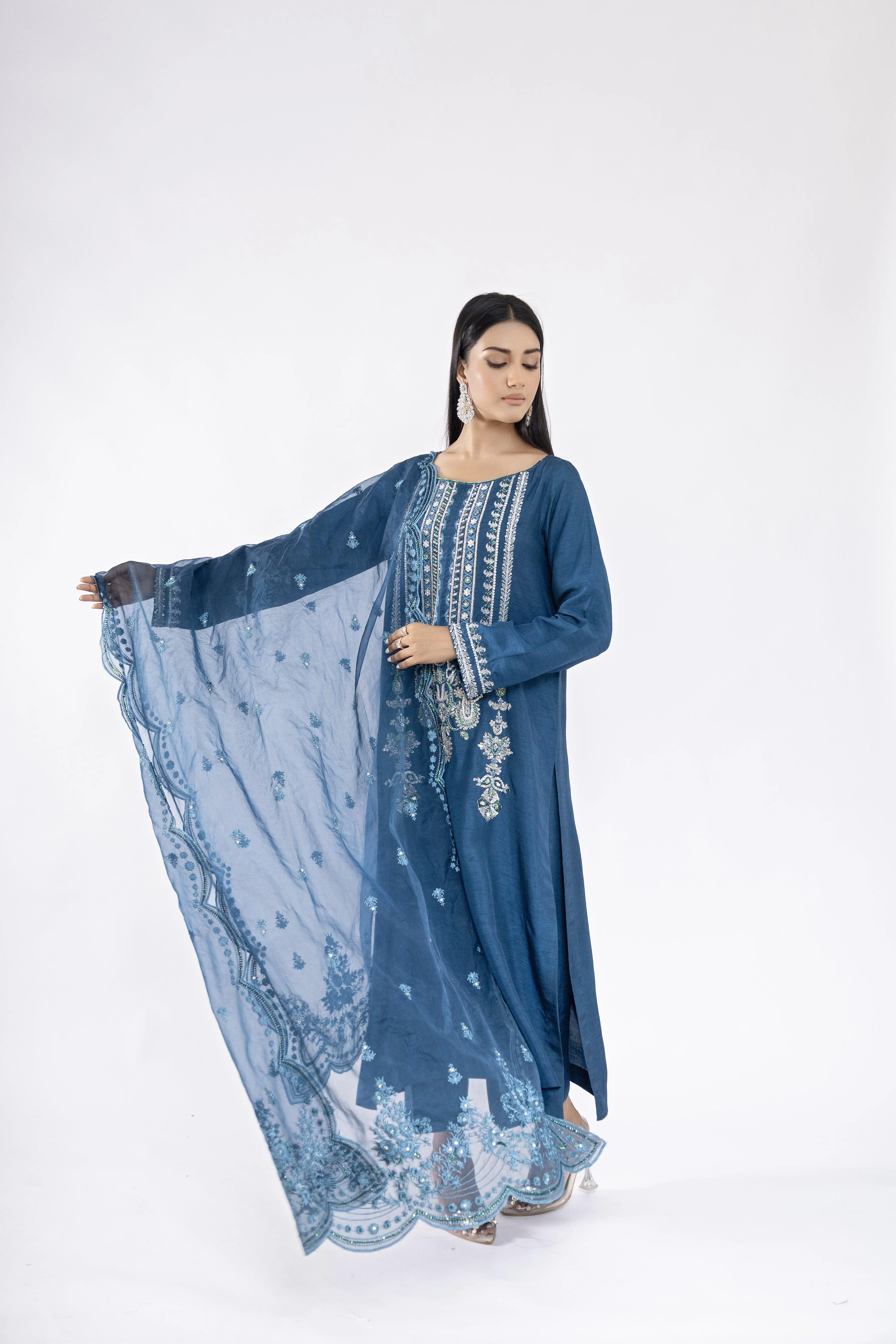 Sadia Aamir - Layana - Blue Silver Korean Raw Silk Shirt and Culottes with Organza Dupatta - 3 Piece