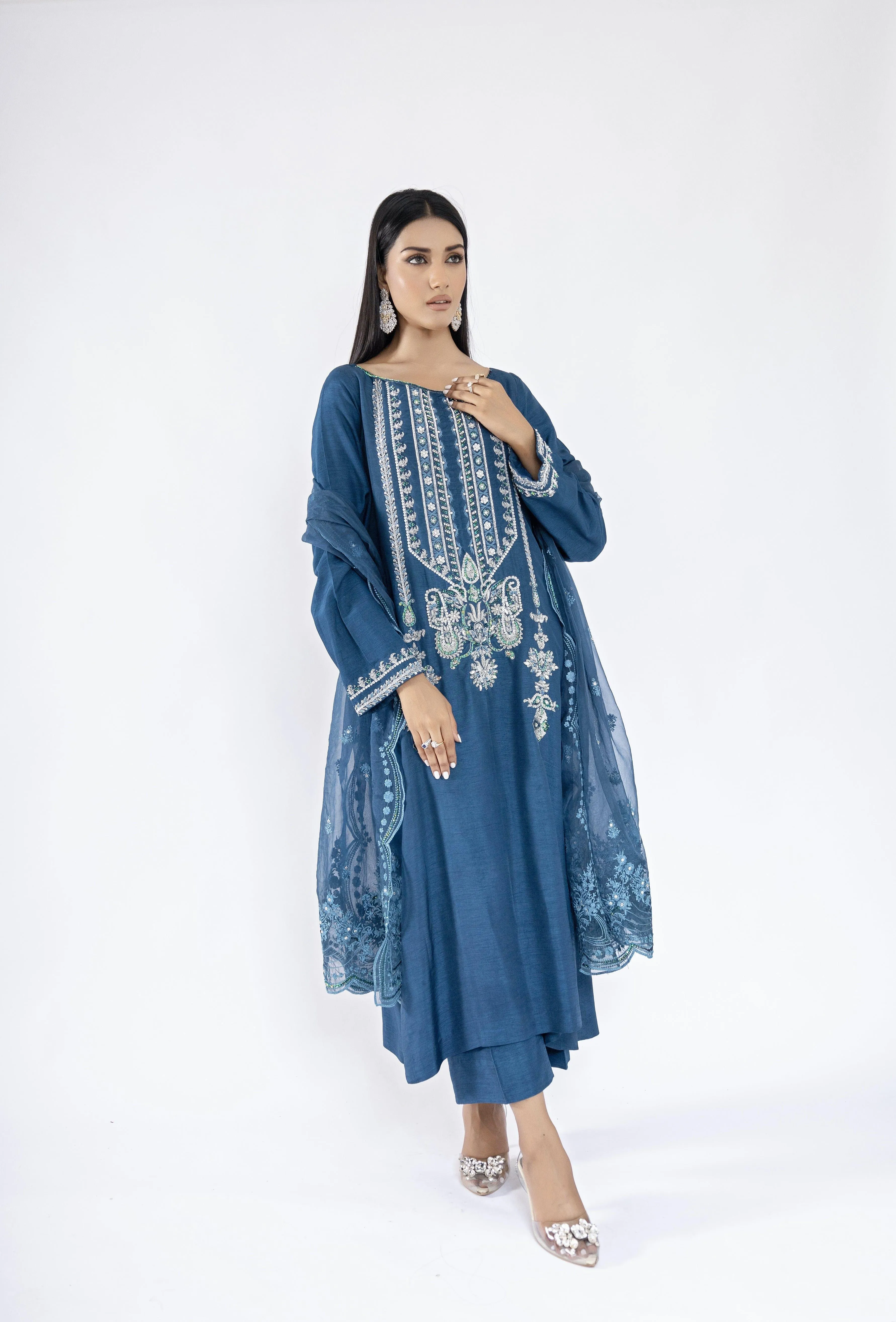 Sadia Aamir - Layana - Blue Silver Korean Raw Silk Shirt and Culottes with Organza Dupatta - 3 Piece