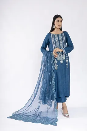 Sadia Aamir - Layana - Blue Silver Korean Raw Silk Shirt and Culottes with Organza Dupatta - 3 Piece