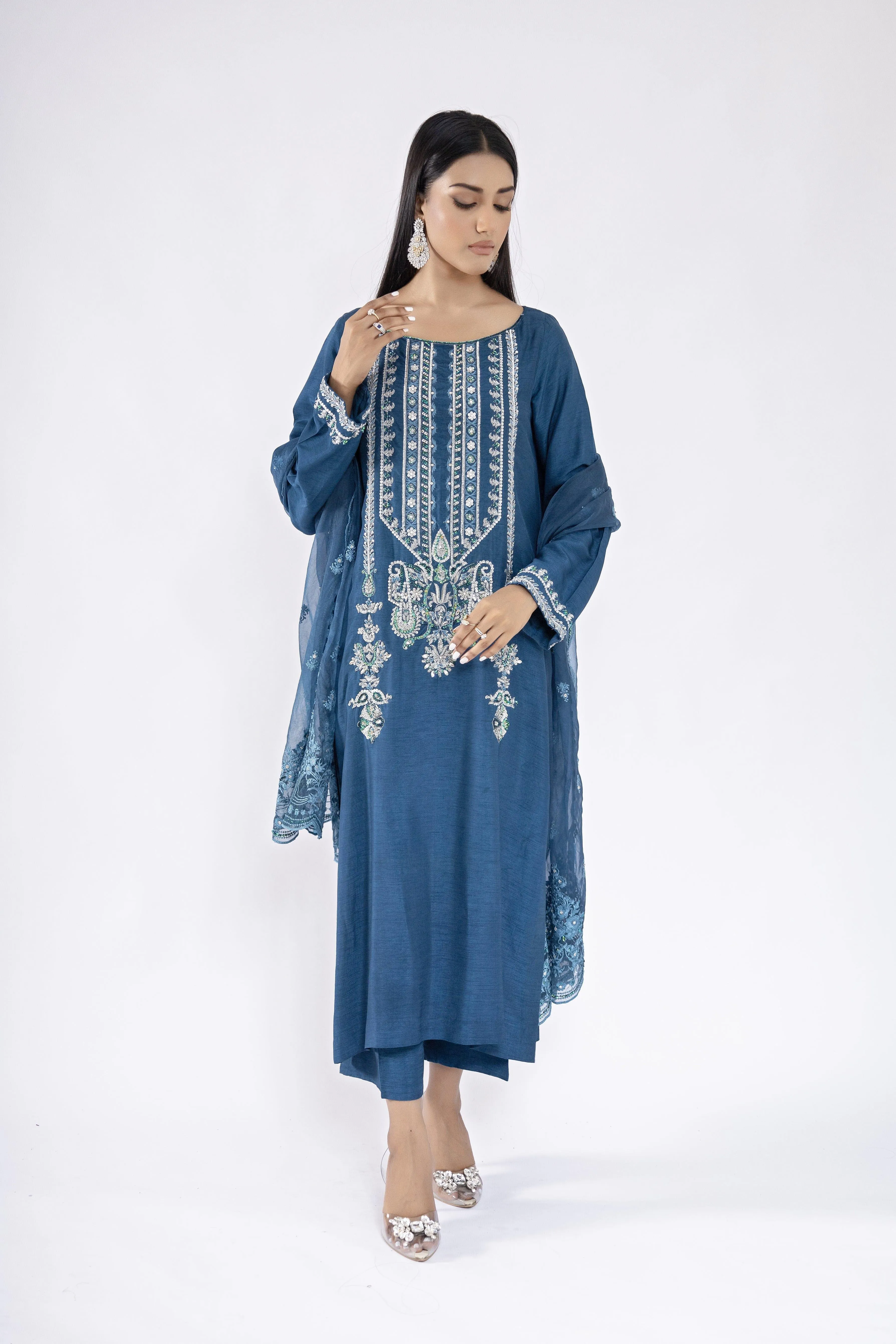 Sadia Aamir - Layana - Blue Silver Korean Raw Silk Shirt and Culottes with Organza Dupatta - 3 Piece