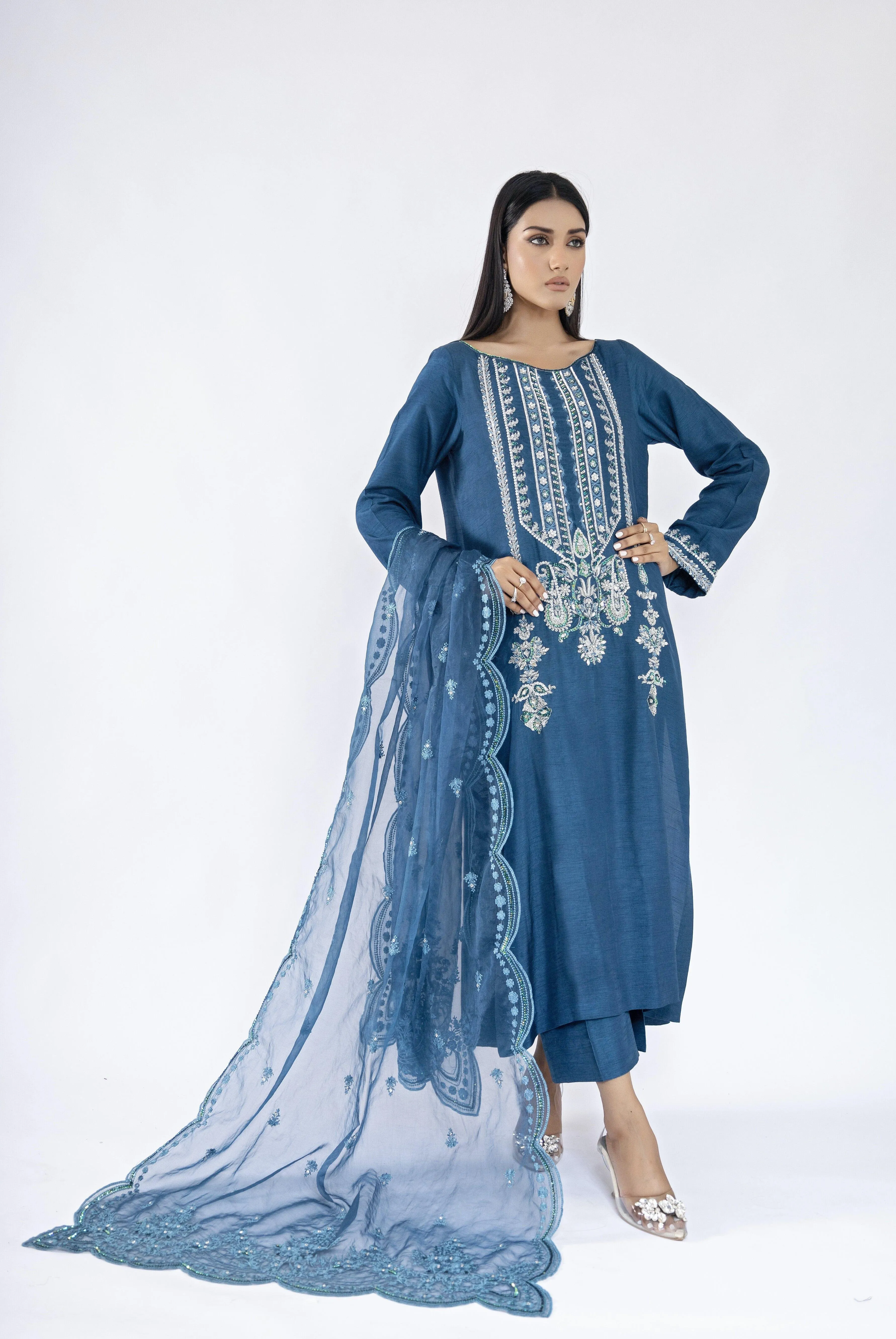 Sadia Aamir - Layana - Blue Silver Korean Raw Silk Shirt and Culottes with Organza Dupatta - 3 Piece