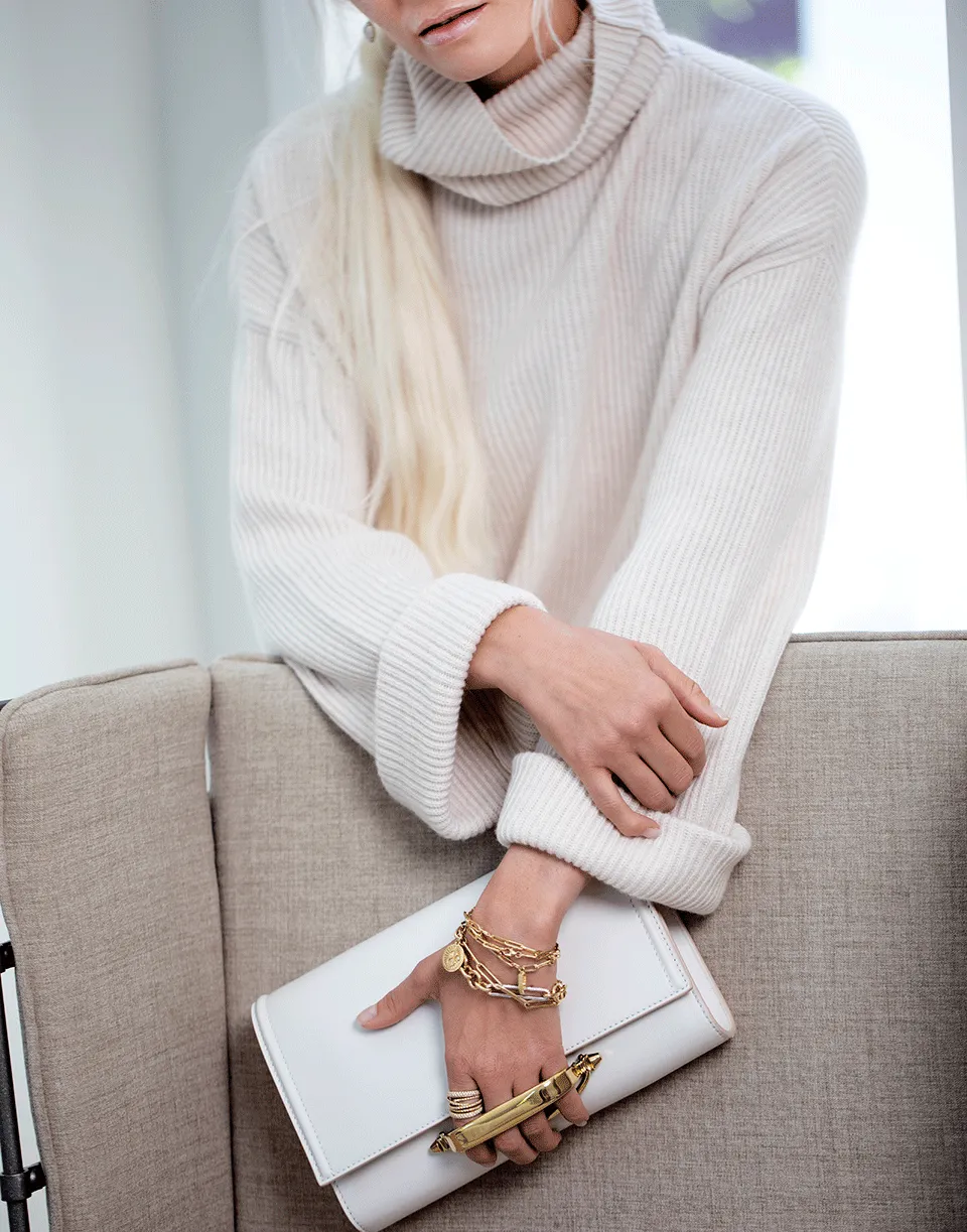 Seashell English Ribbed Cashmere Cuffed Turtleneck