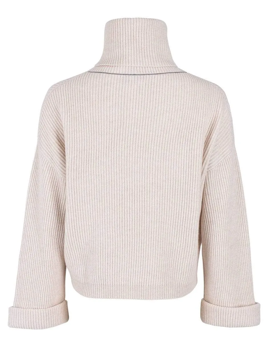 Seashell English Ribbed Cashmere Cuffed Turtleneck