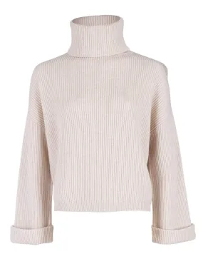 Seashell English Ribbed Cashmere Cuffed Turtleneck