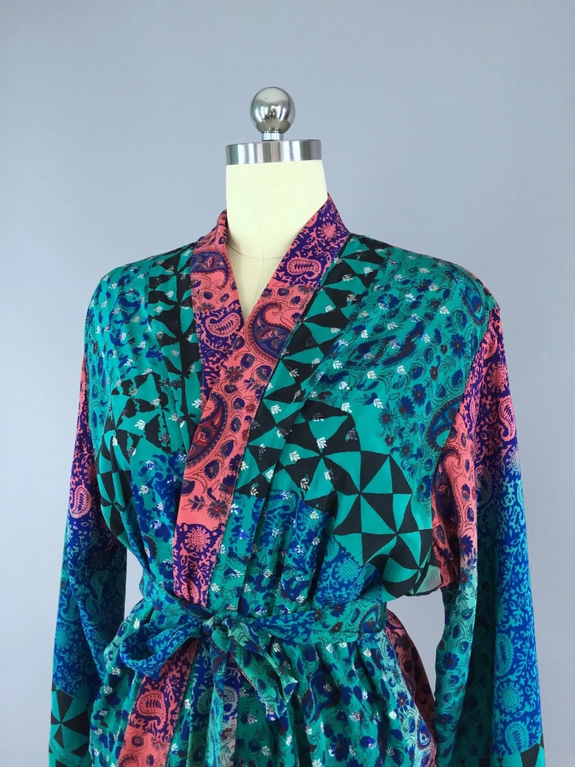 Silk Kimono Cardigan / Vintage Indian Sari / Aqua Blue Floral Block Print