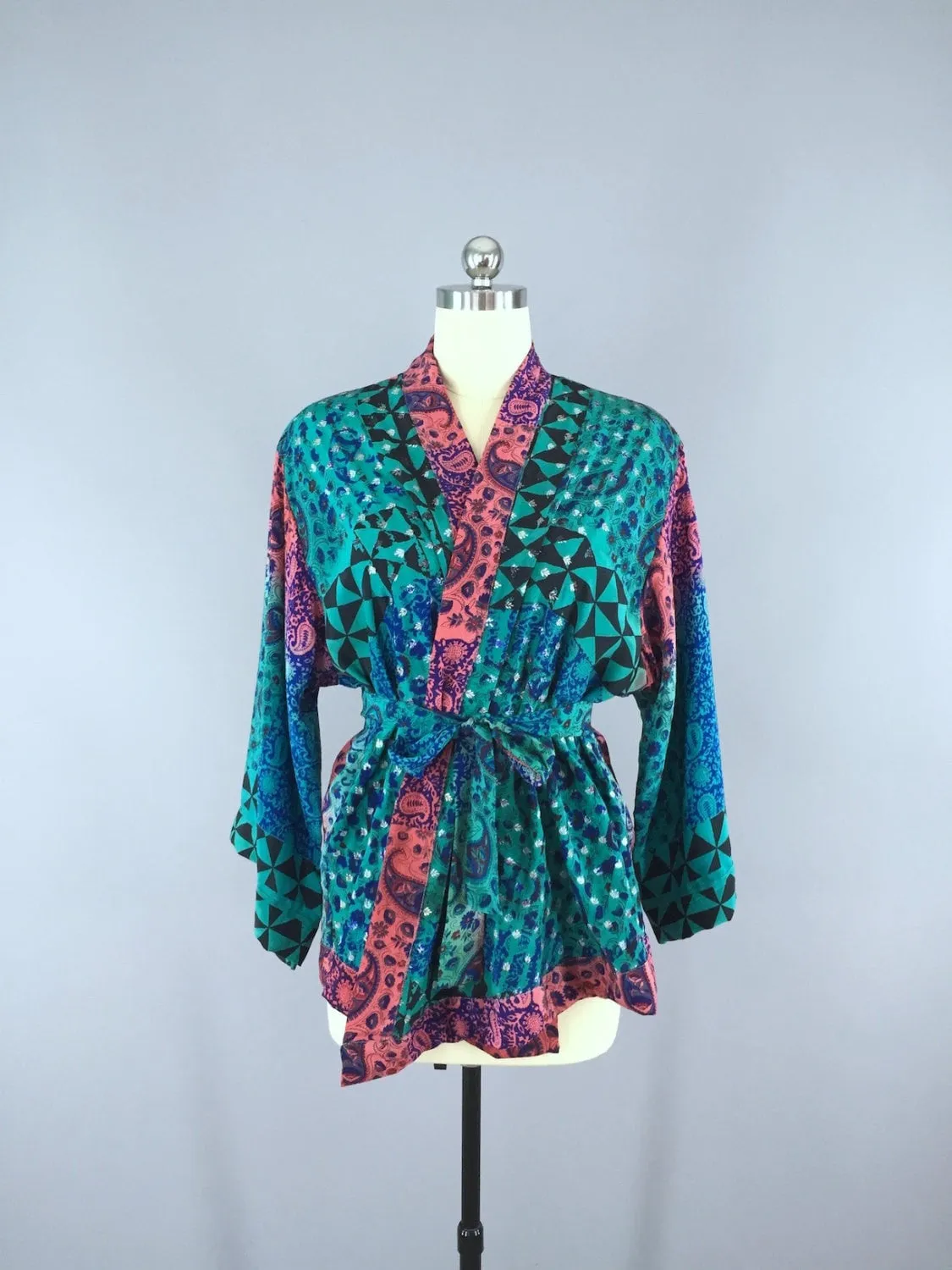 Silk Kimono Cardigan / Vintage Indian Sari / Aqua Blue Floral Block Print