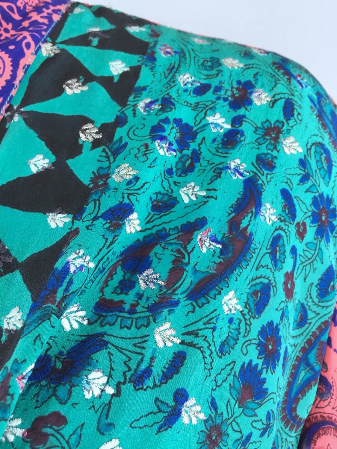 Silk Kimono Cardigan / Vintage Indian Sari / Aqua Blue Floral Block Print