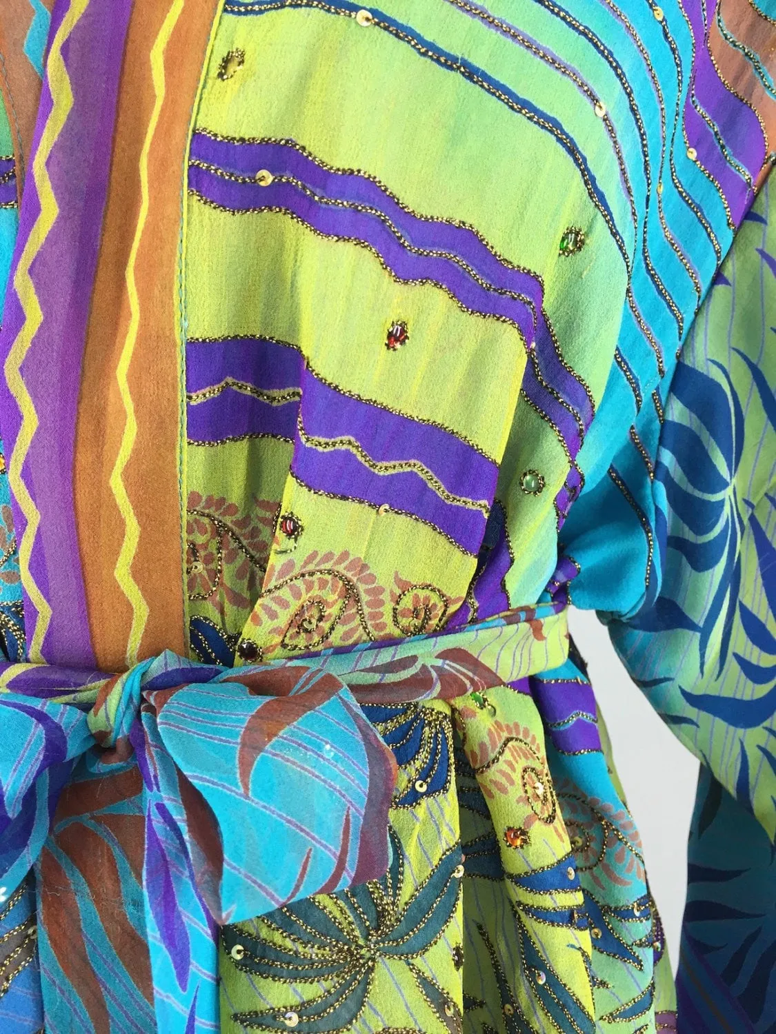 Silk Kimono Cardigan / Vintage Indian Sari / Aqua Blue Floral