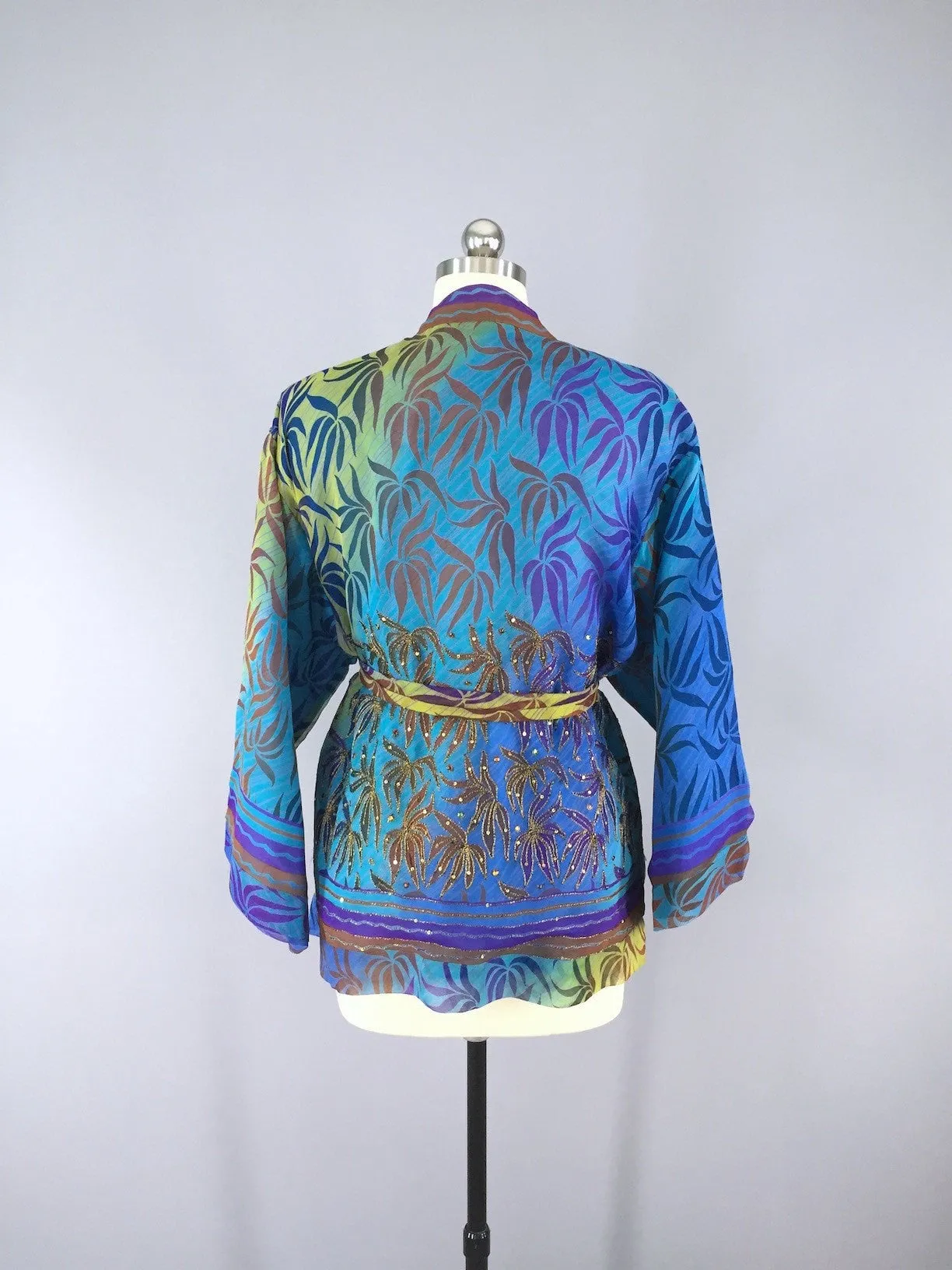 Silk Kimono Cardigan / Vintage Indian Sari / Aqua Blue Floral