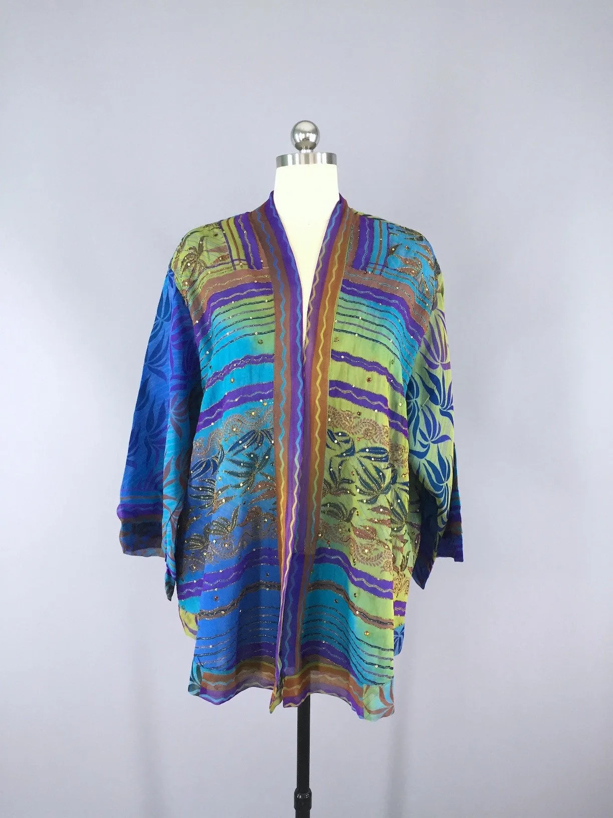 Silk Kimono Cardigan / Vintage Indian Sari / Aqua Blue Floral