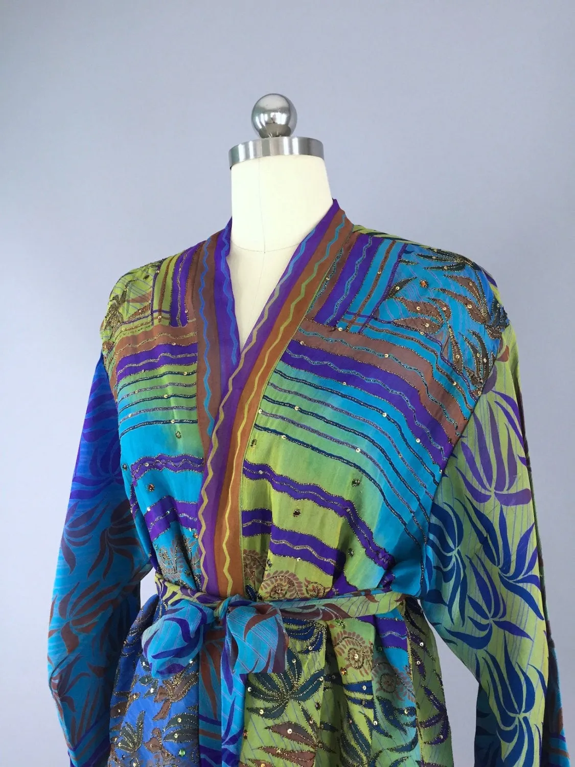 Silk Kimono Cardigan / Vintage Indian Sari / Aqua Blue Floral