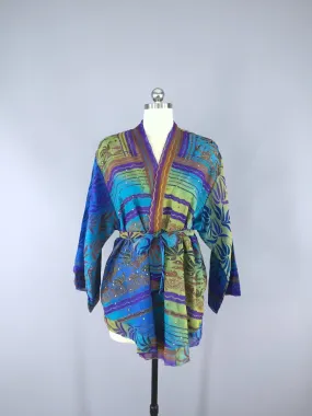 Silk Kimono Cardigan / Vintage Indian Sari / Aqua Blue Floral