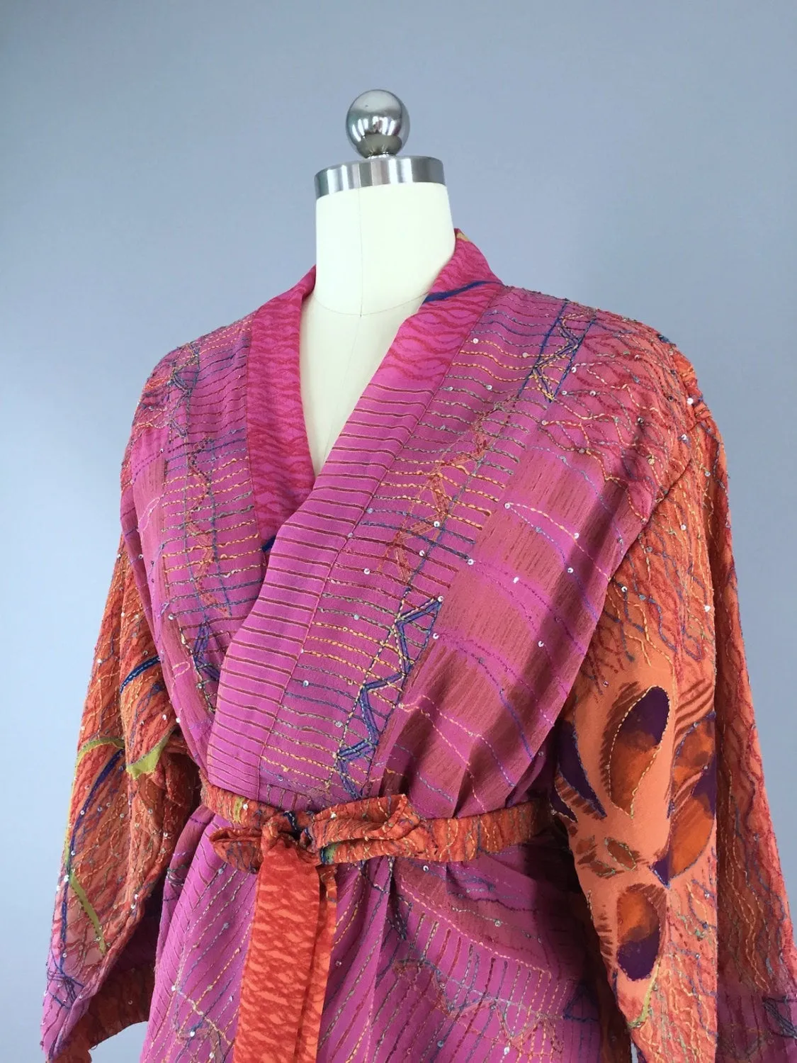 Silk Kimono Cardigan / Vintage Indian Sari / Bohemian Orange Pink Floral Embroidered