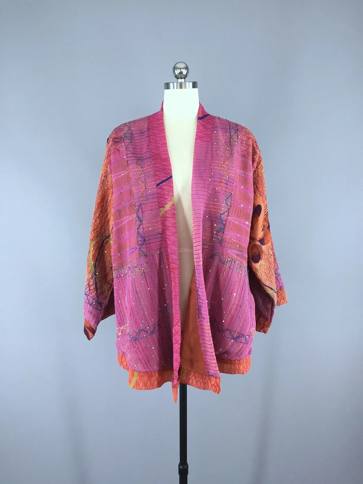 Silk Kimono Cardigan / Vintage Indian Sari / Bohemian Orange Pink Floral Embroidered