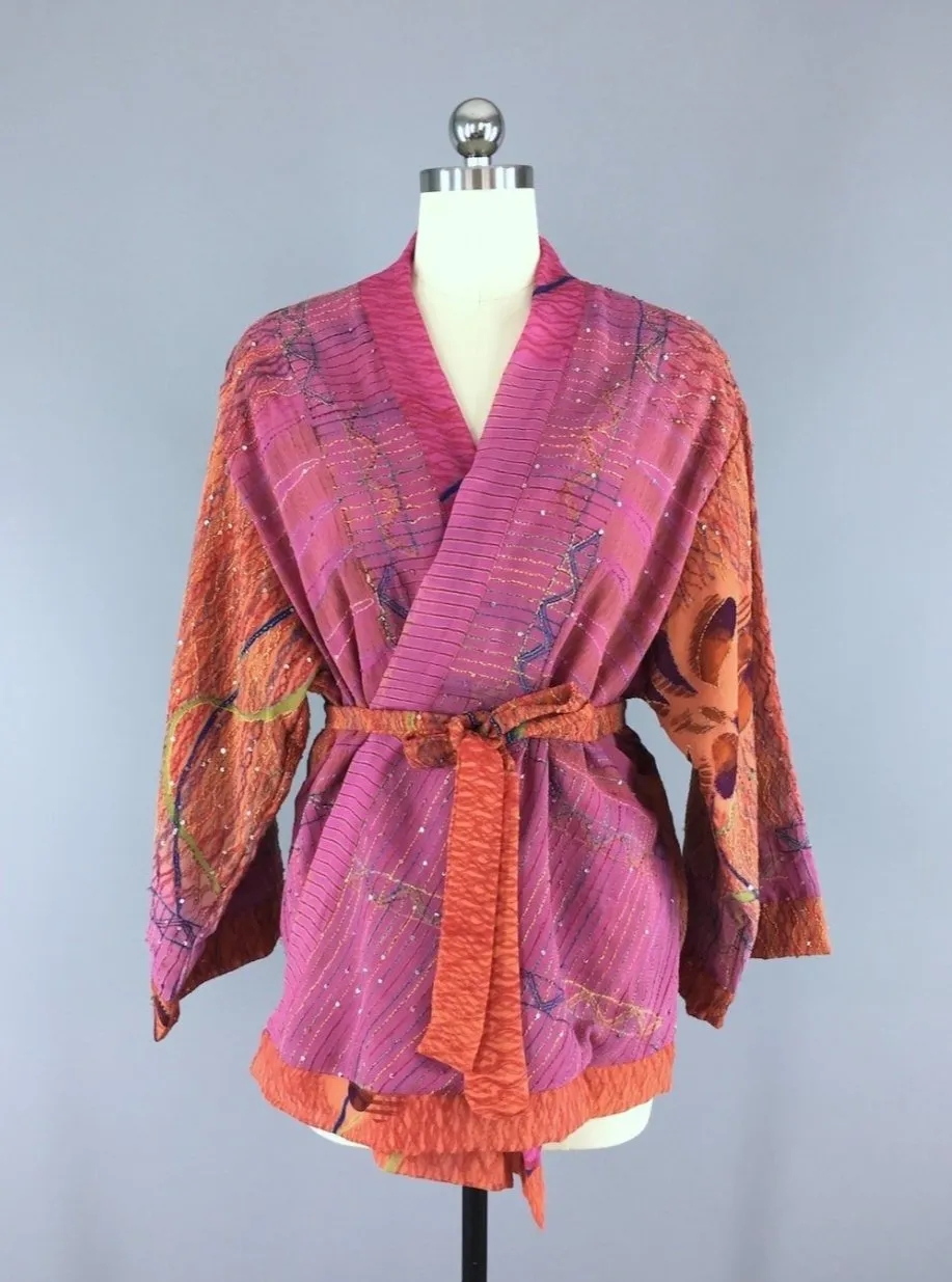 Silk Kimono Cardigan / Vintage Indian Sari / Bohemian Orange Pink Floral Embroidered