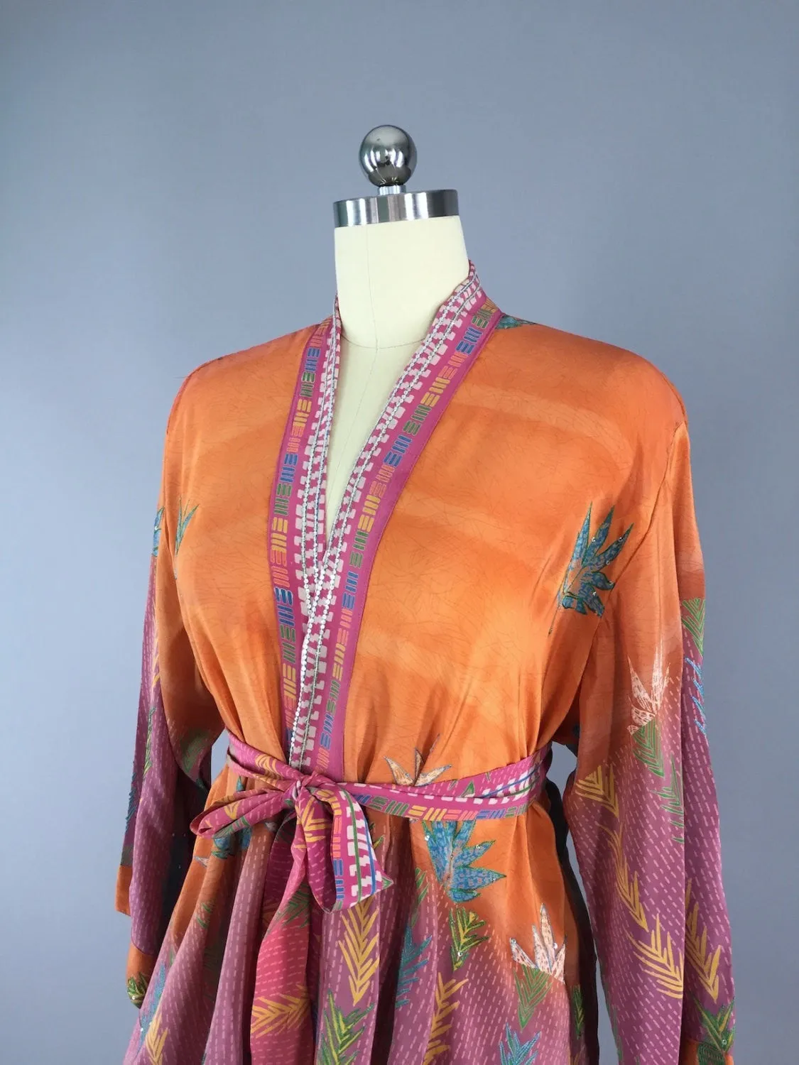 Silk Kimono Cardigan / Vintage Indian Sari / Pink Orange Floral