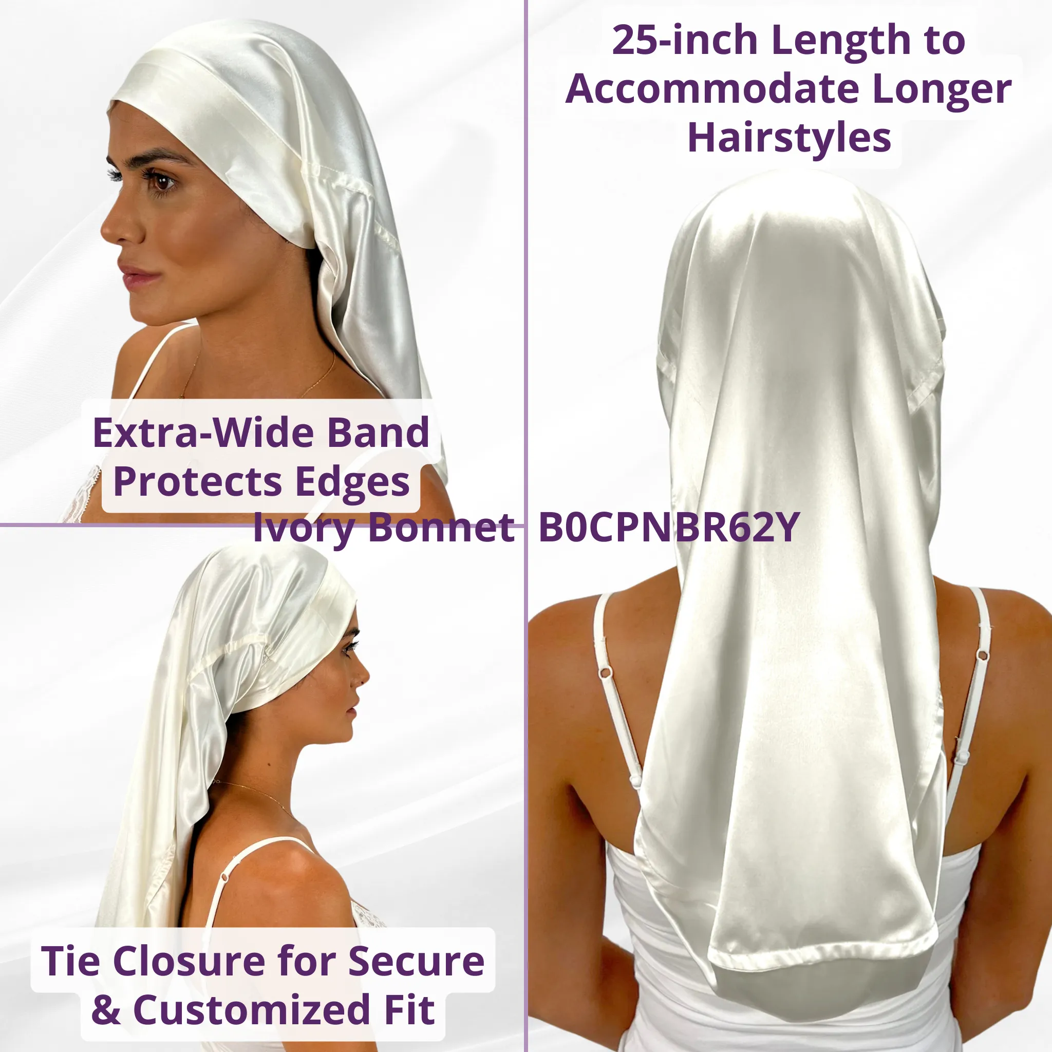 Silk Long Hair Reversible Bonnet - Ivory