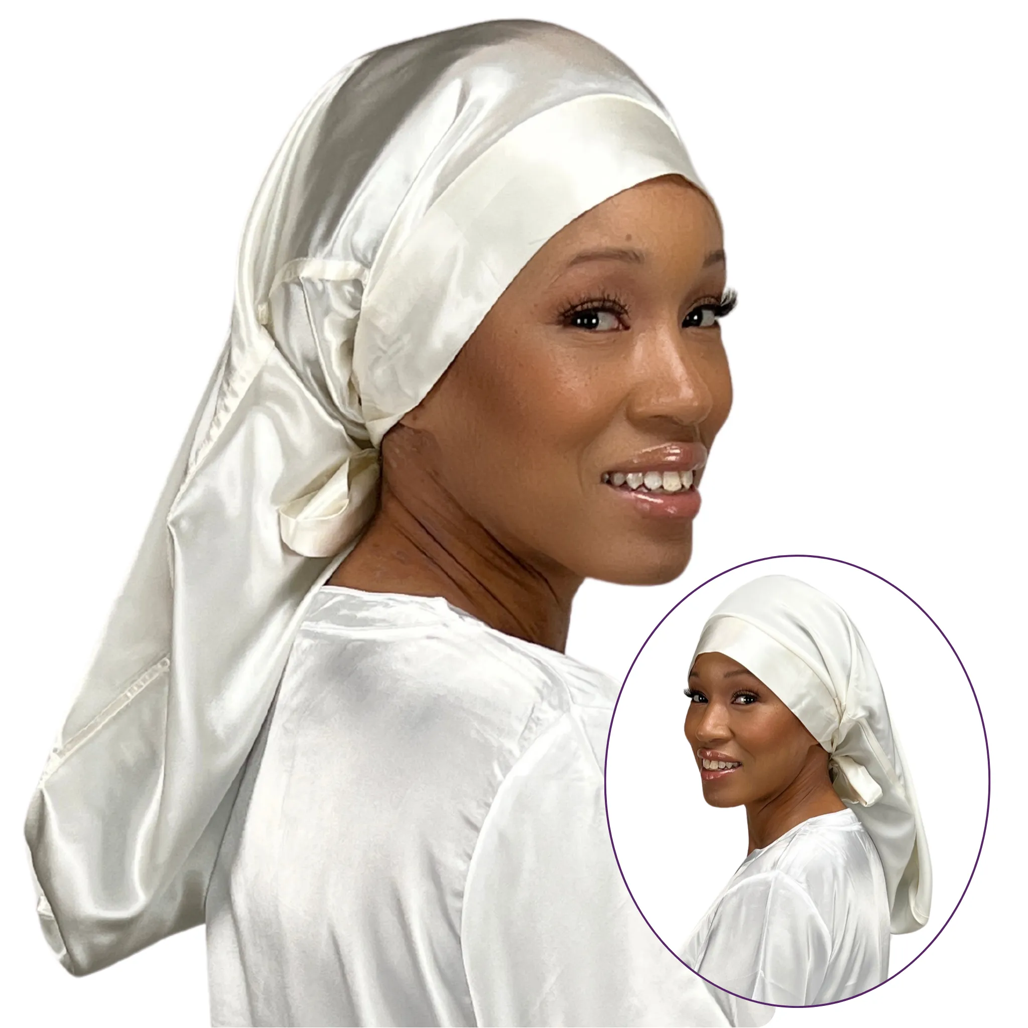 Silk Long Hair Reversible Bonnet - Ivory