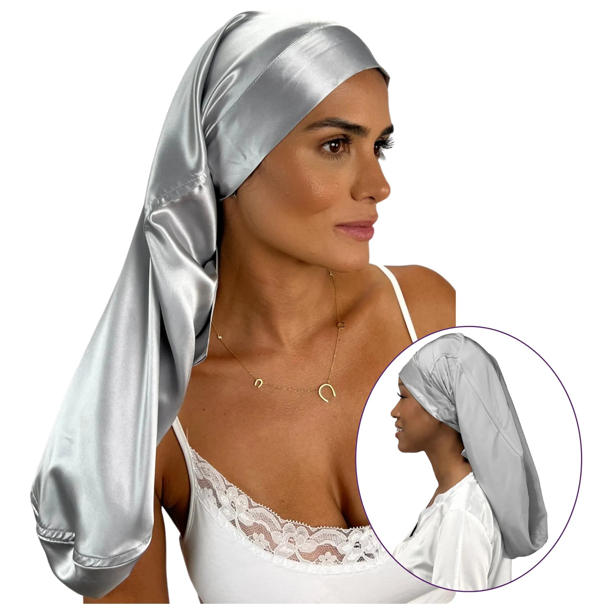 Silk Long Hair Reversible Bonnet - Silver