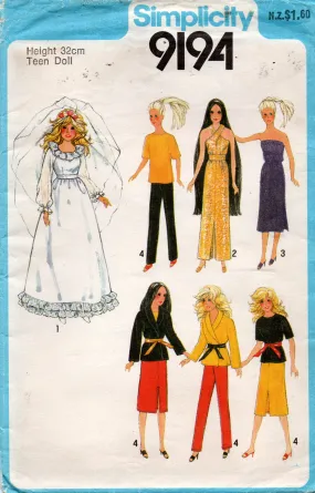 Simplicity 9194 BARBIE Teenage Doll Clothes 1980s Vintage Sewing Pattern for 11 1/2 Inch Dolls UNCUT Factory Folded