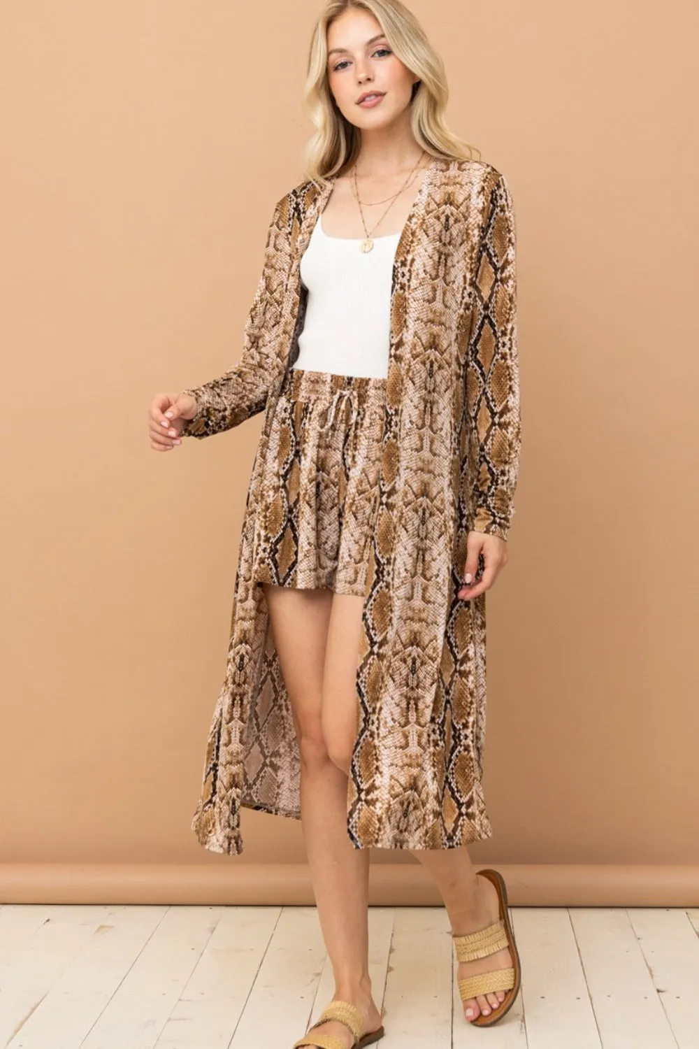 Snake Print Kimono Open Front Longline Cardigan