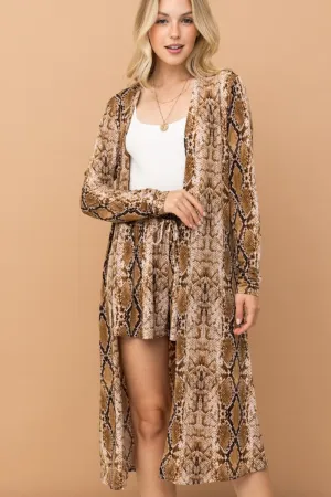 Snake Print Kimono Open Front Longline Cardigan