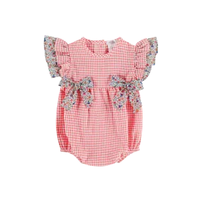 SS23 Deolinda Baby Girls Coral & White Check Romper DBV23202