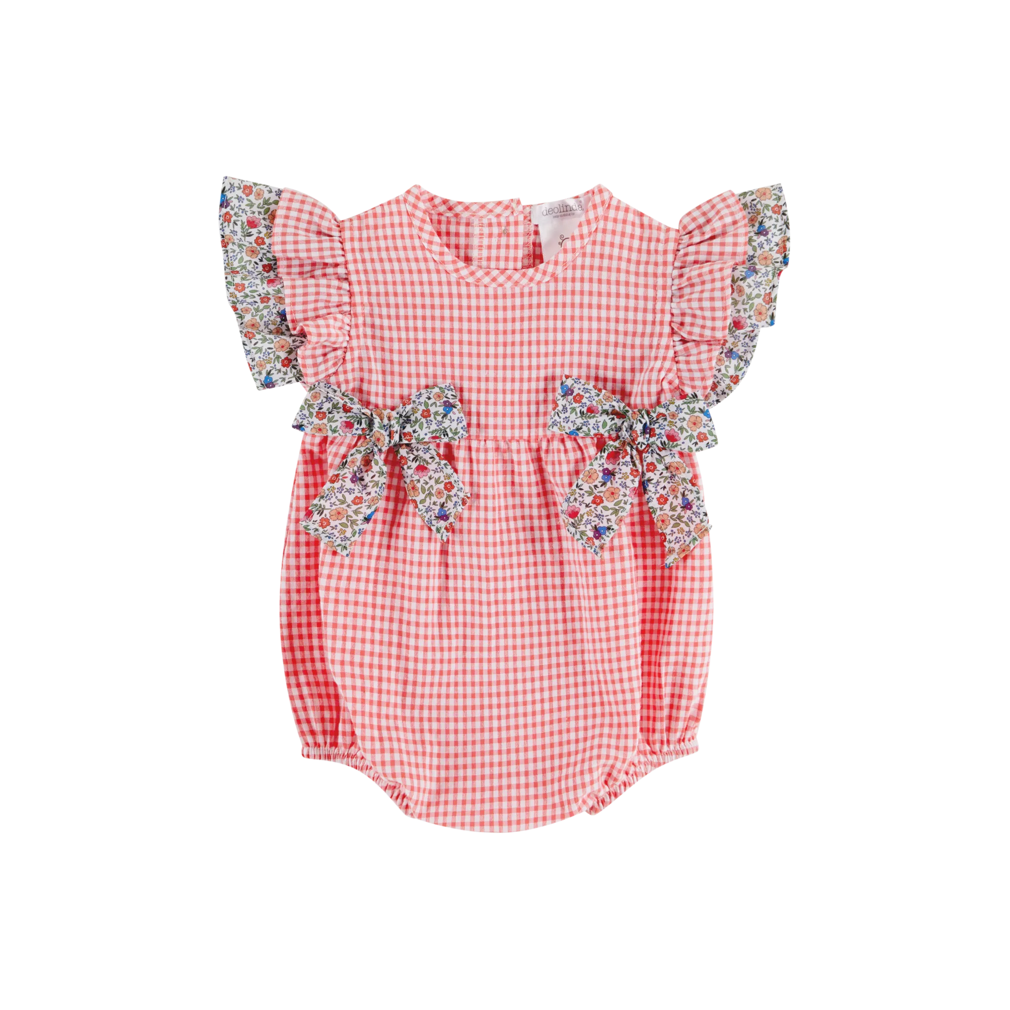 SS23 Deolinda Baby Girls Coral & White Check Romper DBV23202