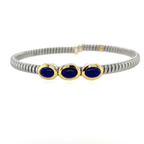 Stainless Steel Blue Lapis Bangle Bracelet w/ Sterling Silver & 18KY Accents