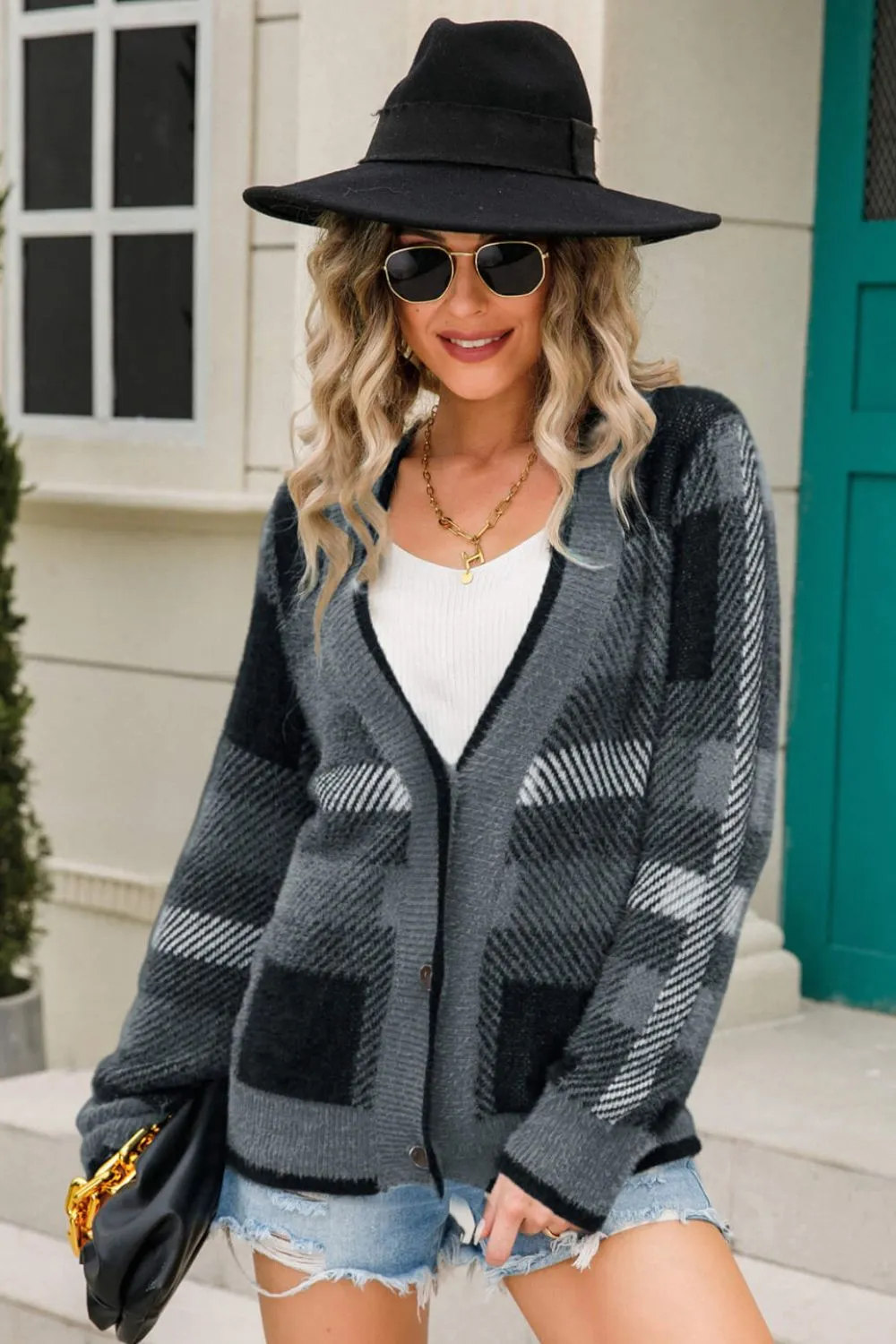 Striped Button-Front Fuzzy Cardigan