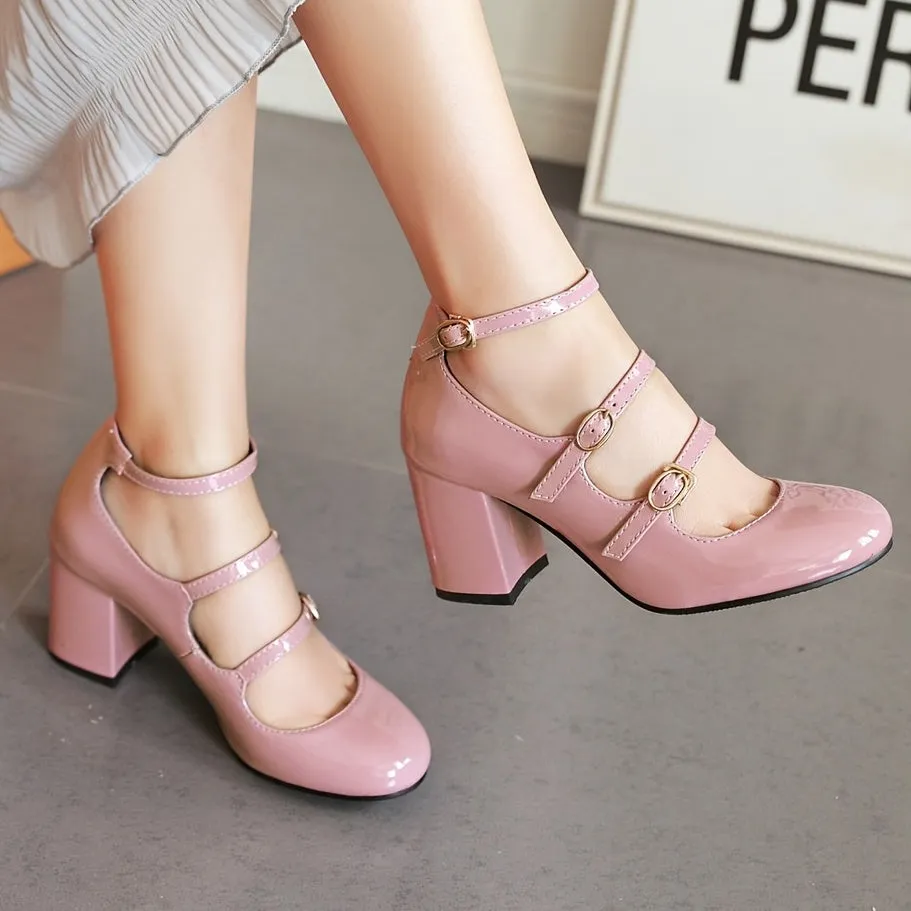 Stylish Buckle Strap Chunky Heels Pumps - Round Toe, High Heel, Party Dress Office Shoes with Comfortable Insoles and Adjustable Buckle Strap for Women