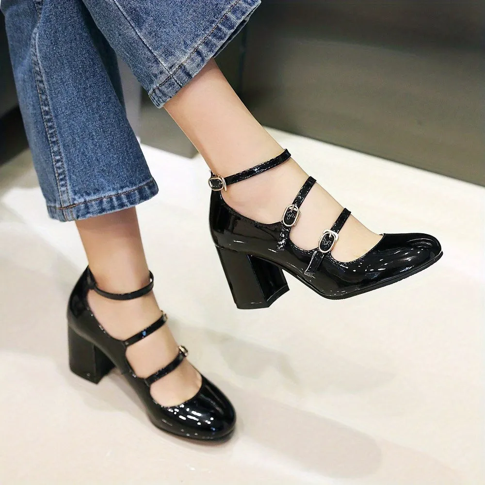 Stylish Buckle Strap Chunky Heels Pumps - Round Toe, High Heel, Party Dress Office Shoes with Comfortable Insoles and Adjustable Buckle Strap for Women