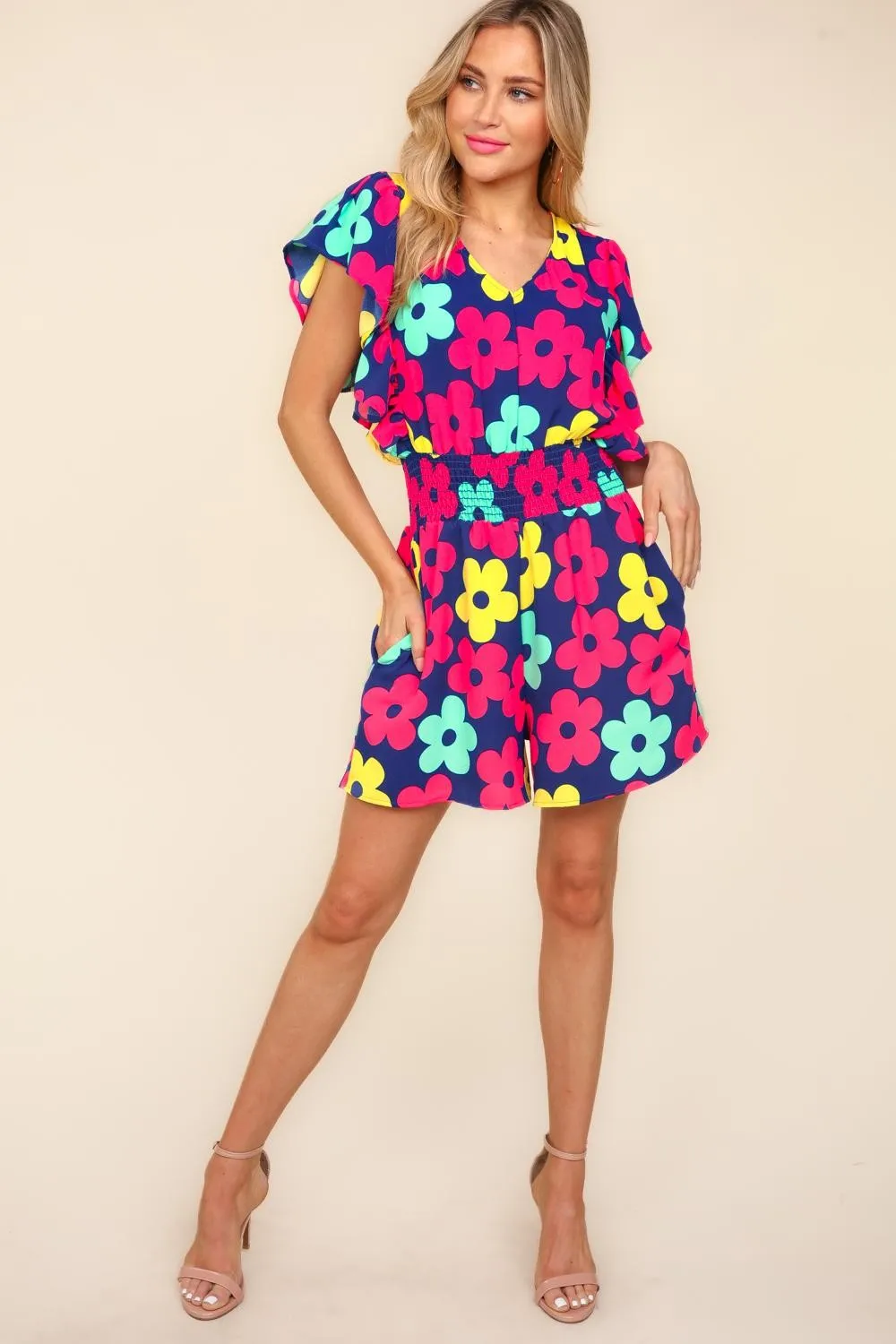 TEEK - Navy Fuchsia Floral Smocked Waist Pocketed Romper