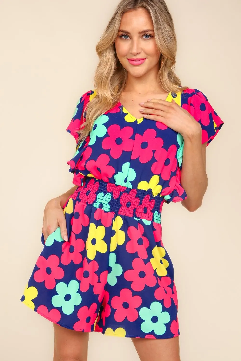 TEEK - Navy Fuchsia Floral Smocked Waist Pocketed Romper