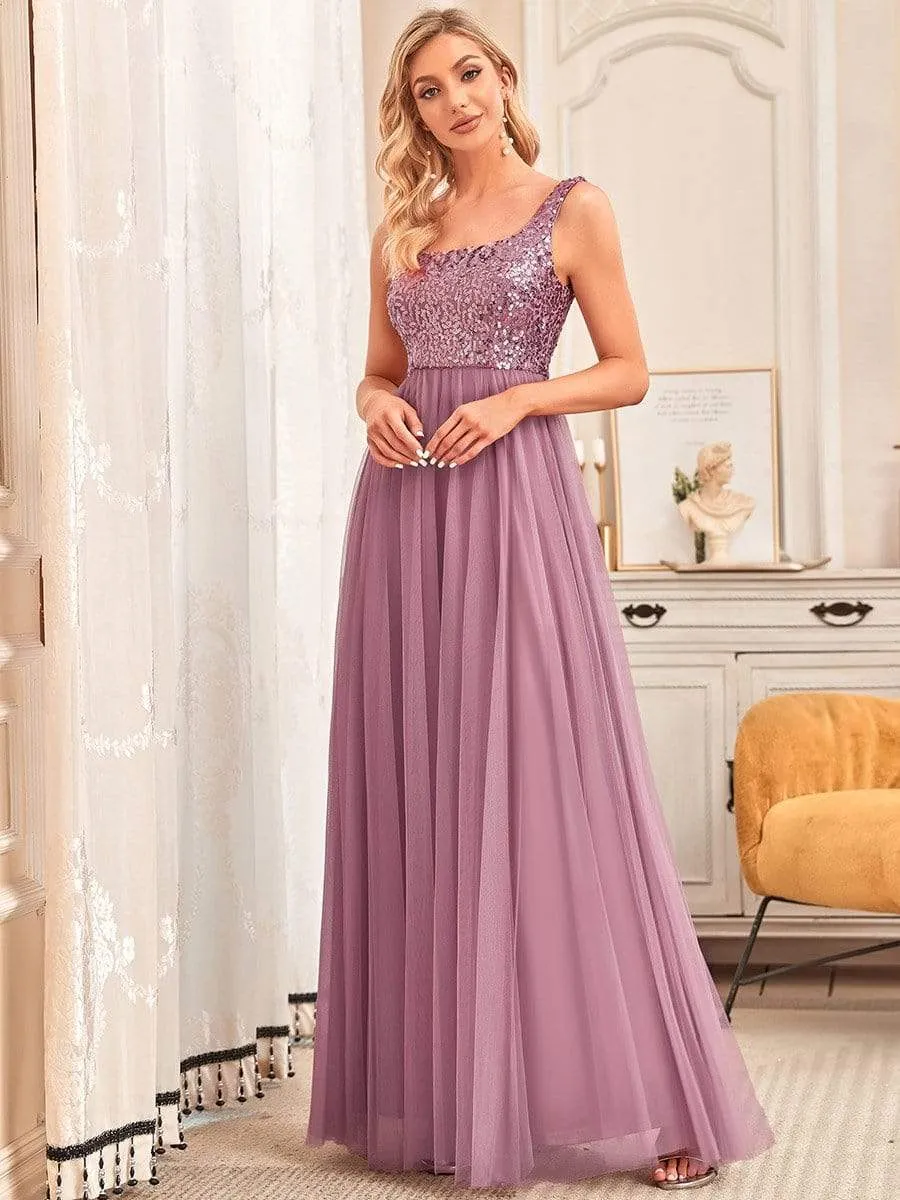 Tulle Sequin Sleeveless A-Line Bridesmaid Dress