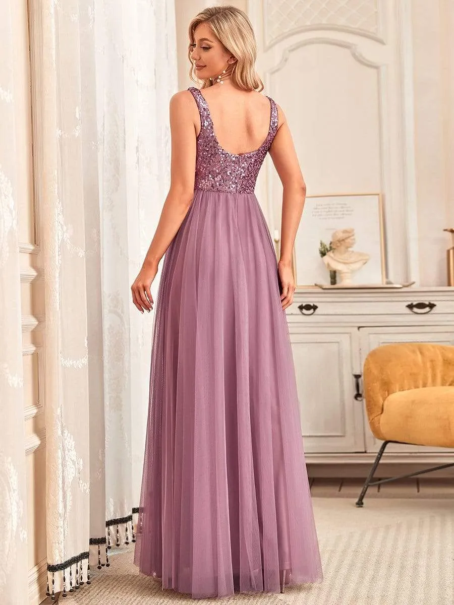 Tulle Sequin Sleeveless A-Line Bridesmaid Dress