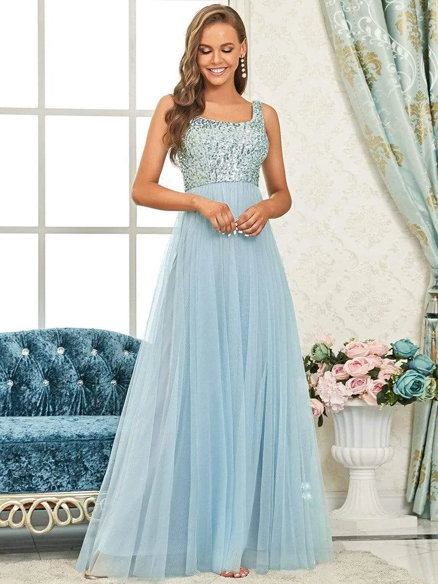 Tulle Sequin Sleeveless A-Line Bridesmaid Dress