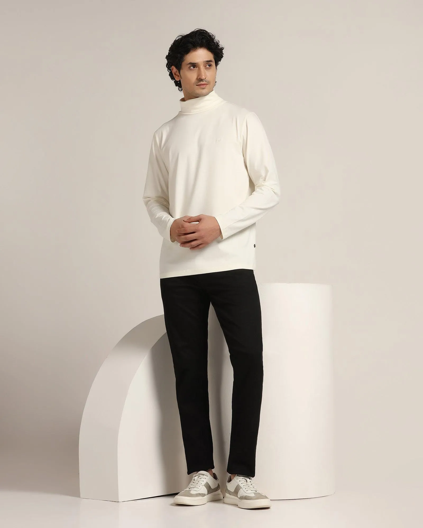 Turtle Neck Off White Solid T-Shirt - Kimmy