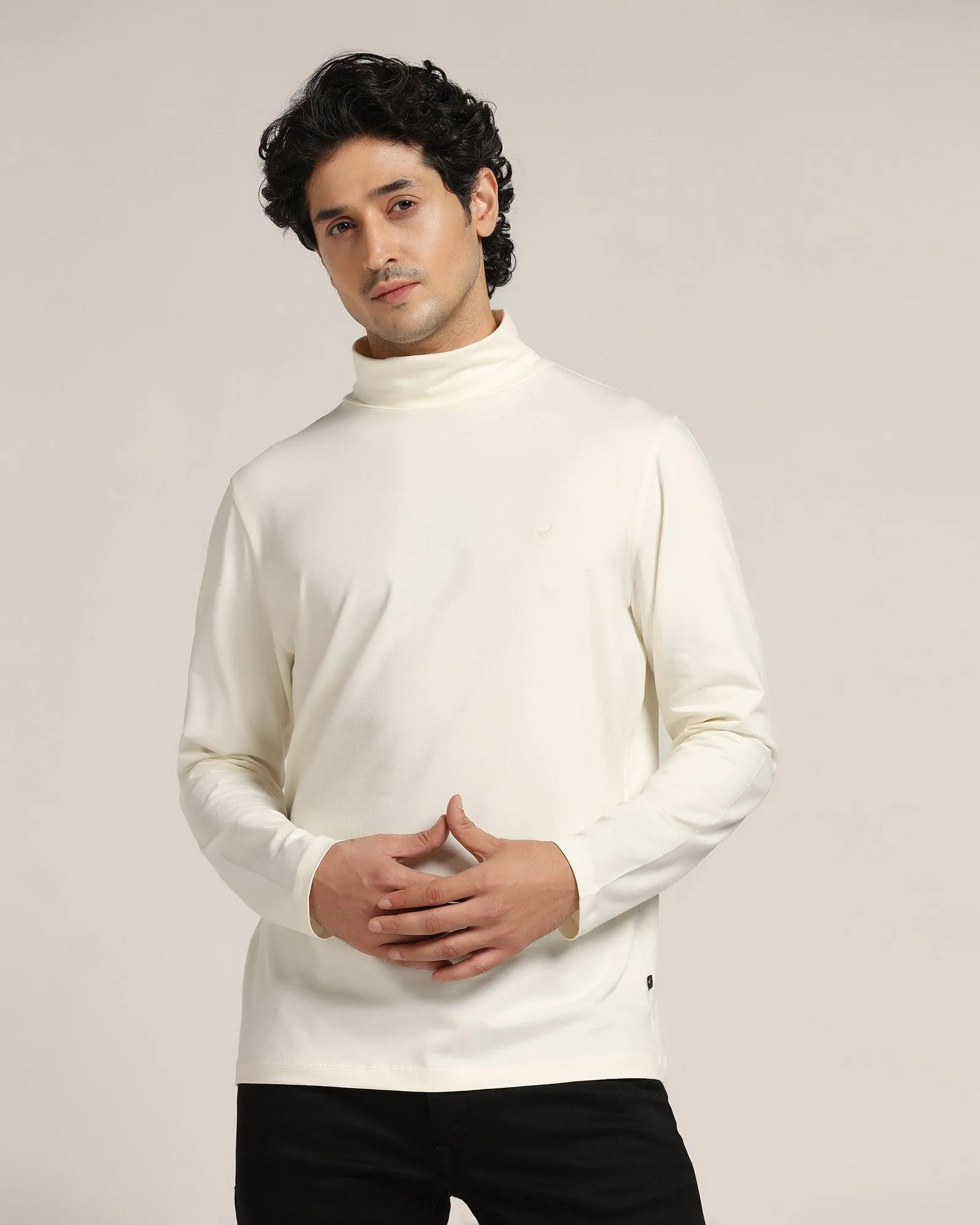 Turtle Neck Off White Solid T-Shirt - Kimmy