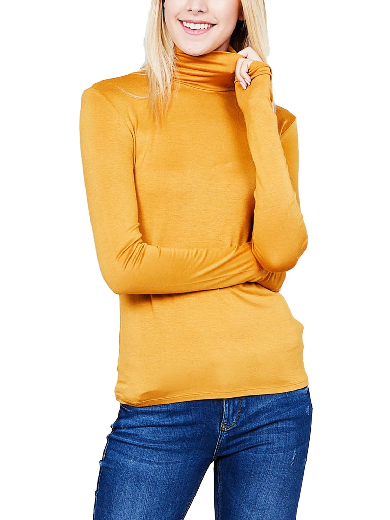 Turtleneck Long Sleeve Basic Solid Fitted Shirt with Stretch (95% Rayon/5% Spandex)