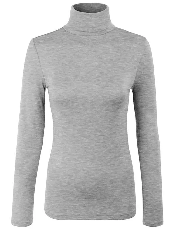 Turtleneck Long Sleeve Basic Solid Fitted Shirt with Stretch (95% Rayon/5% Spandex)