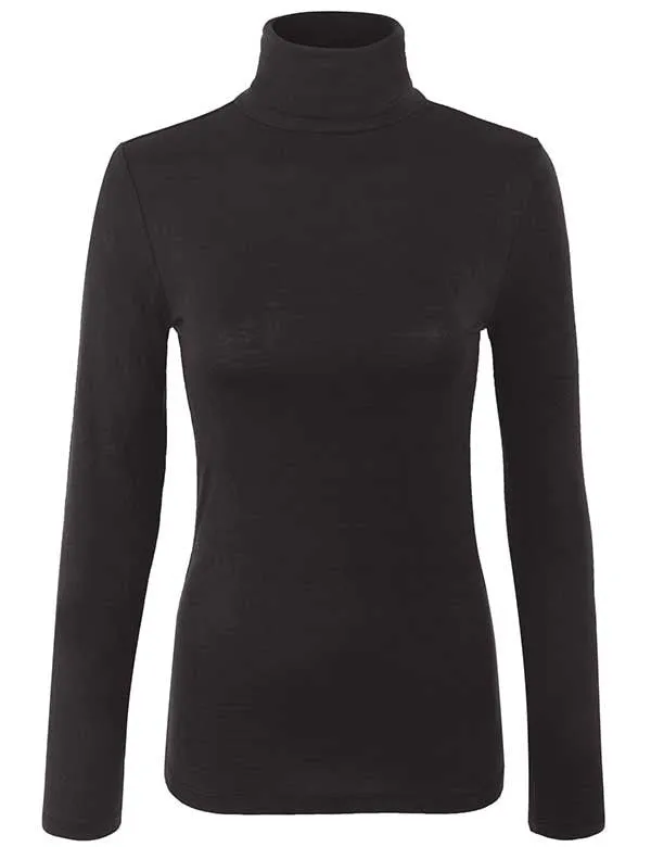 Turtleneck Long Sleeve Basic Solid Fitted Shirt with Stretch (95% Rayon/5% Spandex)