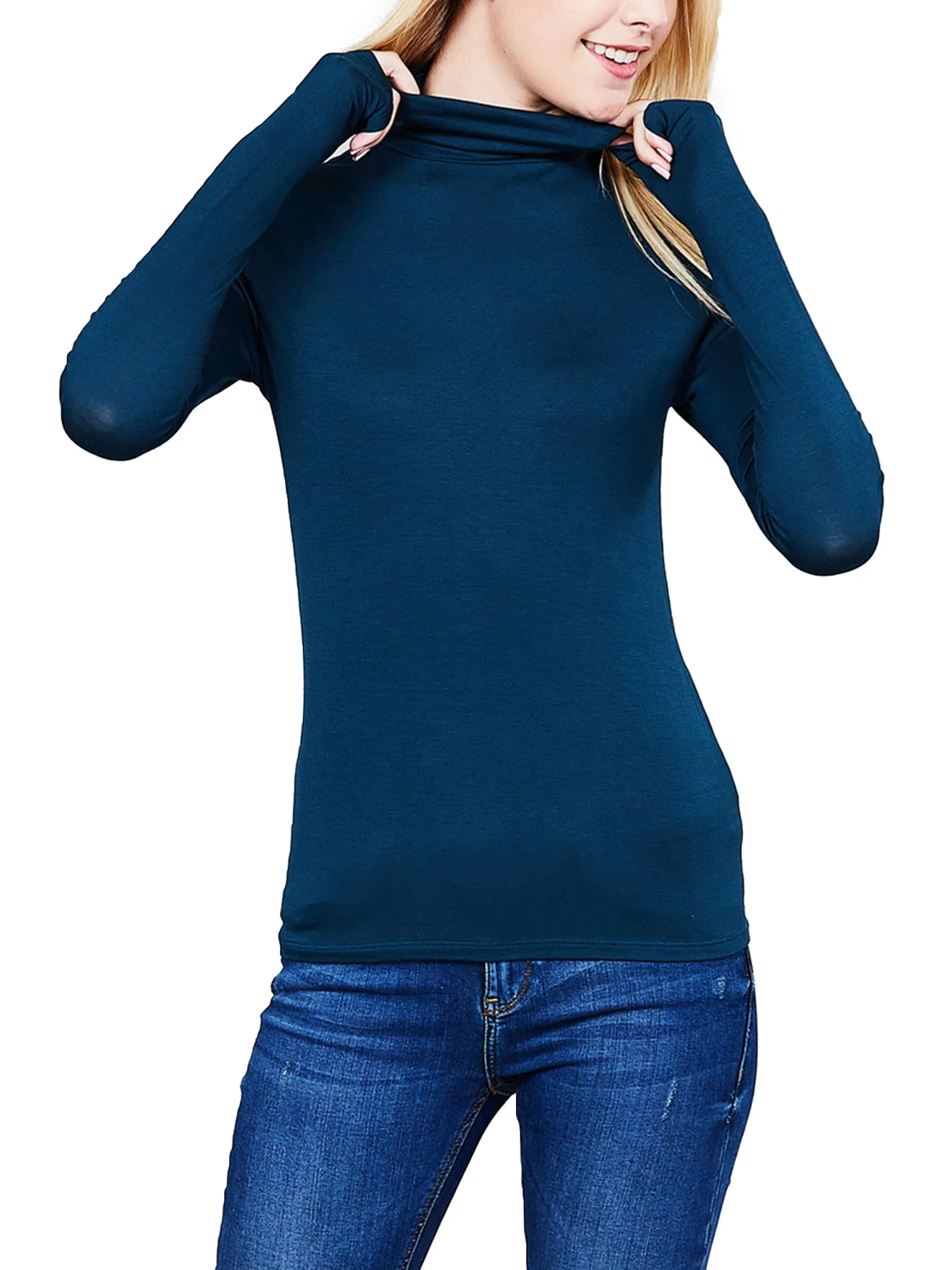 Turtleneck Long Sleeve Basic Solid Fitted Shirt with Stretch (95% Rayon/5% Spandex)