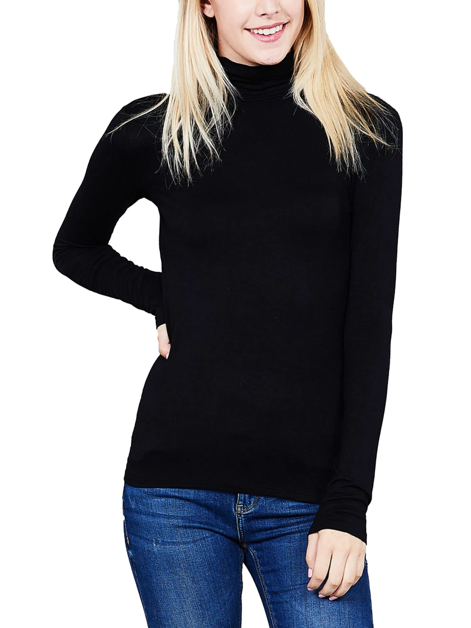 Turtleneck Long Sleeve Basic Solid Fitted Shirt with Stretch (95% Rayon/5% Spandex)