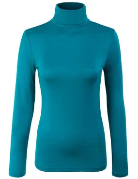 Turtleneck Long Sleeve Basic Solid Fitted Shirt with Stretch (95% Rayon/5% Spandex)