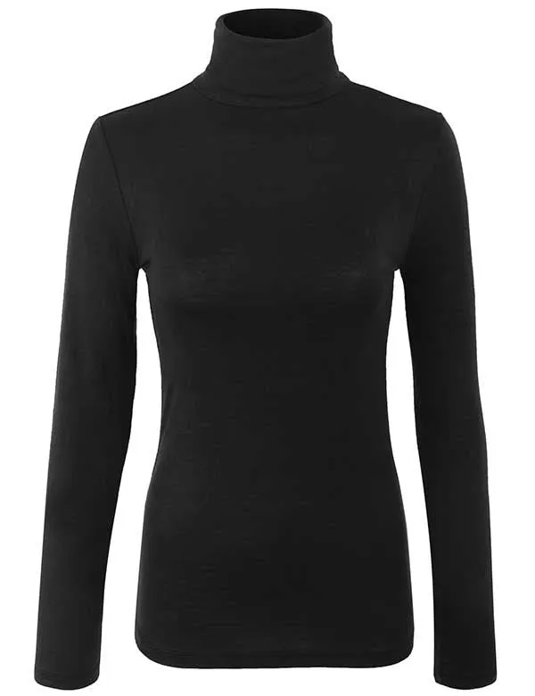 Turtleneck Long Sleeve Basic Solid Fitted Shirt with Stretch (95% Rayon/5% Spandex)